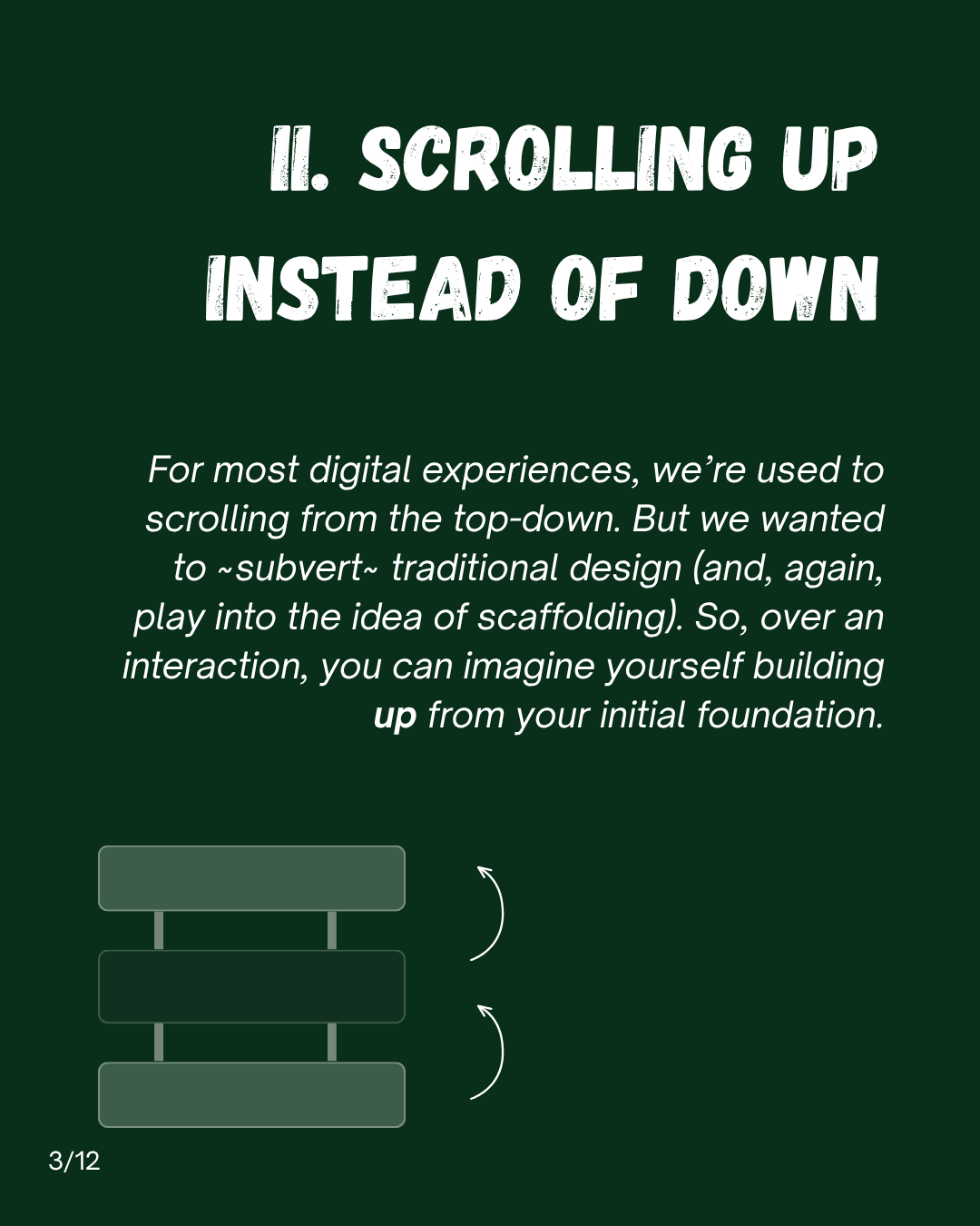 Slide 3: II. Scrolling up instead of down. For most digital experiences, we're used to scrolling from the top-down. But we wanted to subvert traditional design (and, again, play into the idea of scaffolding). So, over an interaction, you can imagine yourself building up from your initial foundation.